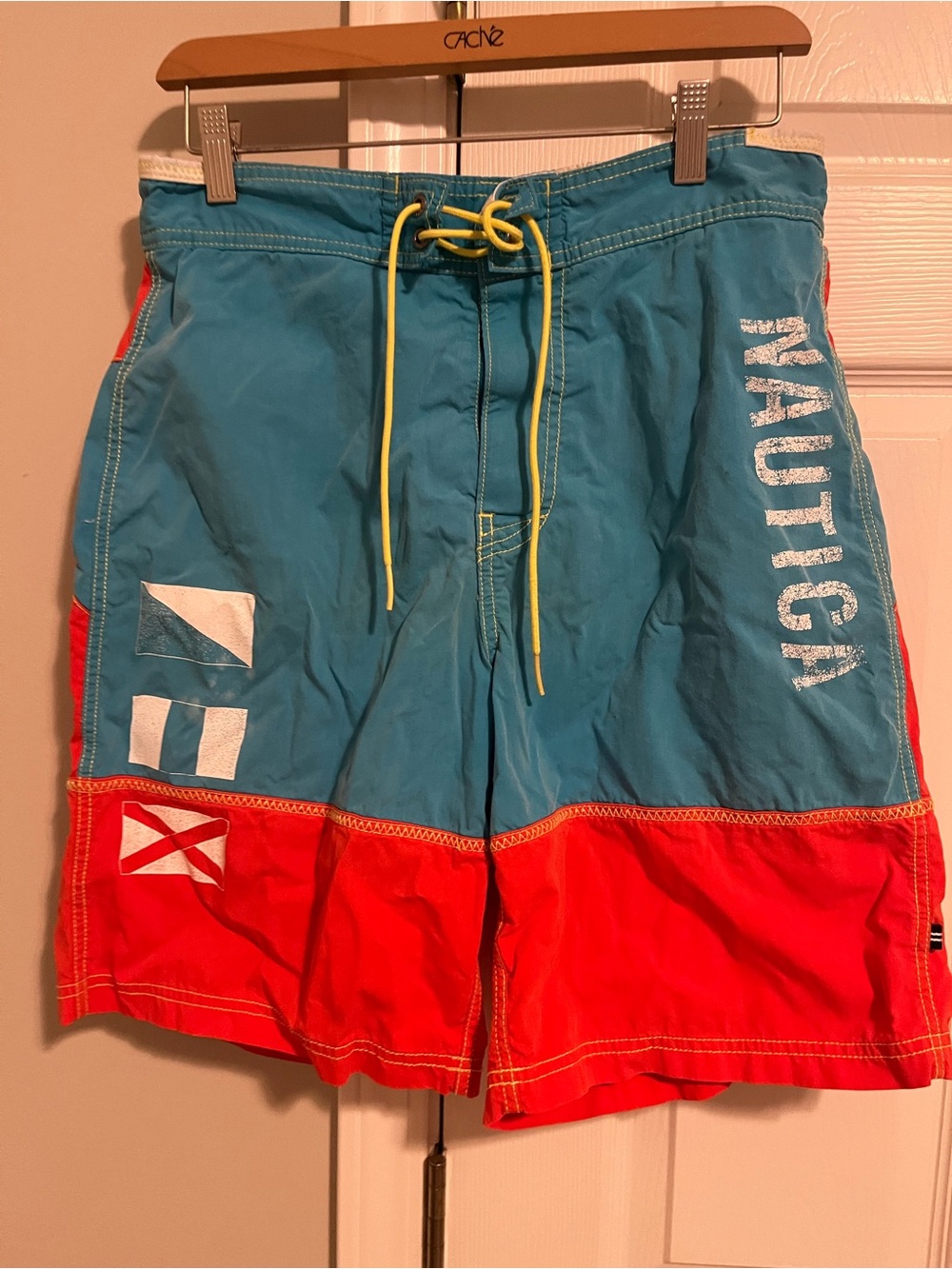 Nautica Teal Blue and Red Colorblock Swim Shorts with Yellow Drawstring